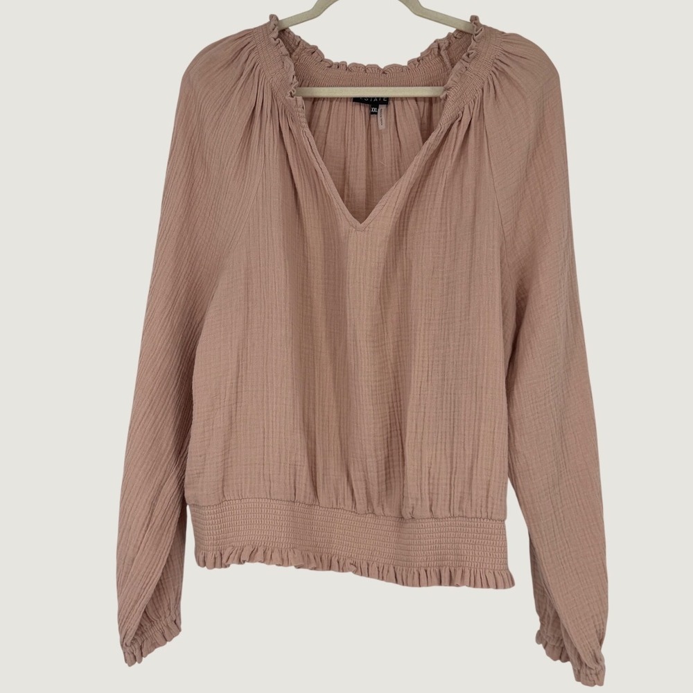 1.STATE Womens XXL Mauve‎ Pink Cotton Gauze Smocked Hem Long Sleeve Blouse